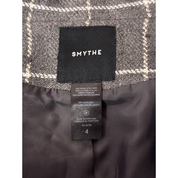 Smythe Duchess Blazer 4 Womens Wool Linen Gray Tweed Windowpane Elbow Patch - Picture 7 of 7